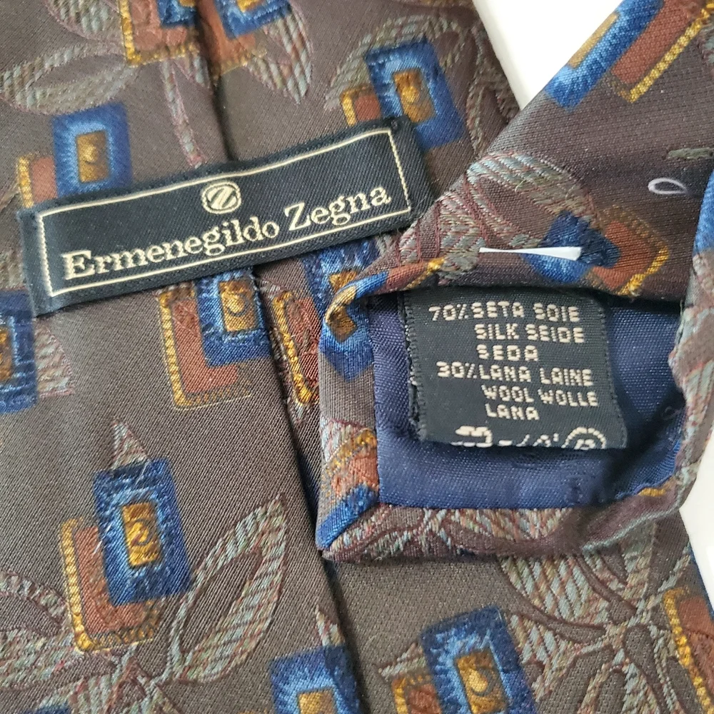 ERMINEGILDO ZEGNA Silk Wool Blend Neck Tie Leaf Geo Tan Gold Blue Green Italy
